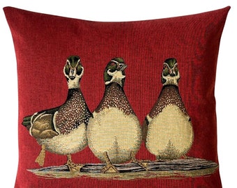 Ducks Pillow Cover - Ducks Lover Gift - Jacquard Woven Pillow Cover - 18x18 throw pillow - red cushion cover - made in Belgium