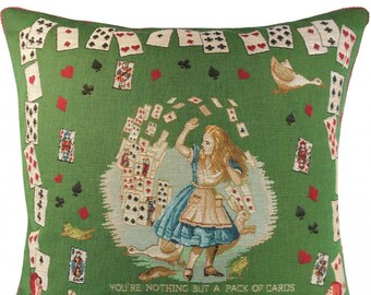 Alice in Wonderland Pillow Cover - Playing Cards Gift - Fairy Tale Decor - Green Decorative Pillow - Jacquard Woven - 19"x19"