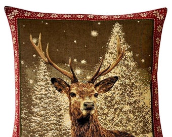Stag Pillow Cover - Christmas Decor - Christmas Gift - Stag Lover Gift - Jacquard Woven - Stag Throw Pillow
