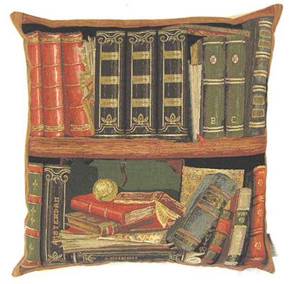 tapisserie belge housse de coussin jeter oreiller livres anciens et baseball dans la bibliothèque jacquard tissé