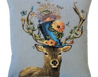 Fabfunky Stag Tapestry Pillow Cover: Steampunk Deer with Hat