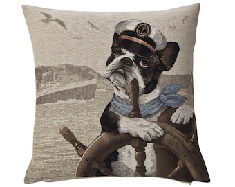 Boston Terrier Tapestry Pillow Cover: Nautical Dog Throw Cushion