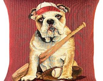 English Bulldog Pillow Cover - Baseball Gift - Tapestry Throw Pillow - Dog Pillow - 18x18 Decorative Pillow