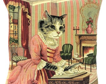Victorian Cat Tapestry Pillow Cover: Belgian Woven Cotton Cushion (18x18)