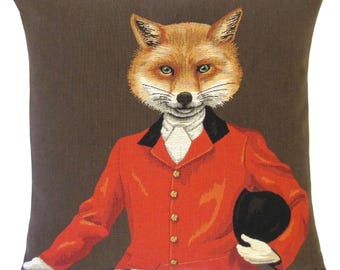 Fox Hunter Tapestry Pillow Cover: Belgian Woven Cotton Cushion