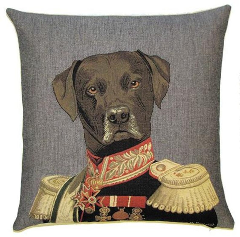 jacquard woven belgian tapestry cushion dressed up westy westland terrier by Thierry Poncelet labrador