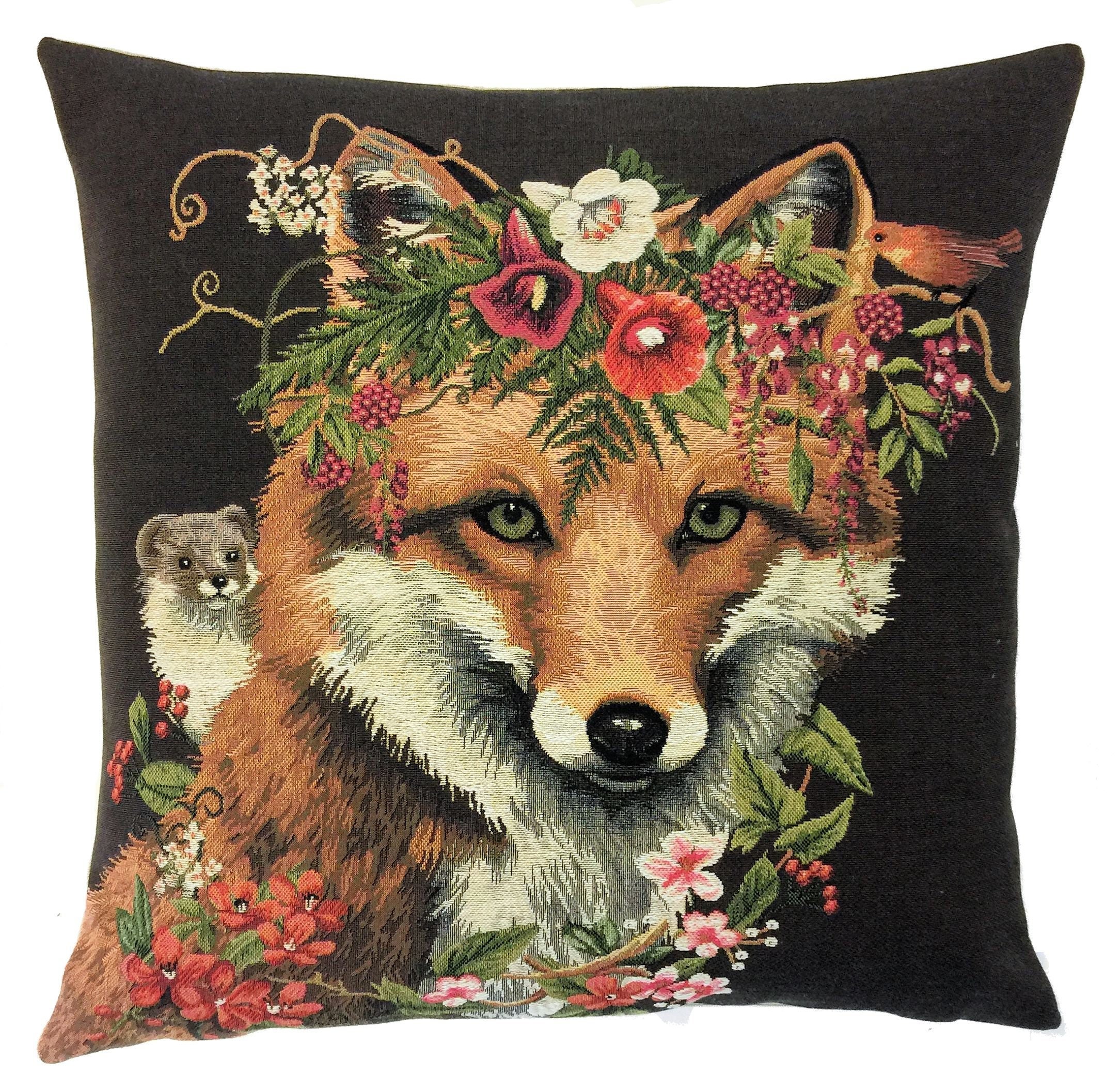  rouihot 16x16 Inch Throw Pillow Cover Silk Scarf with Floral  and Wild Animal Fox Vintage Design Shawl with Roses Fairytale Home Decor  Pillowcase Square Pillow Case Cushion Cover for Sofa Bed 