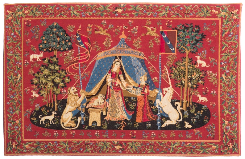 May include: A rectangular wall tapestry featuring a red background with a central blue tent, a figure in a long dress, a lion, and a unicorn. The scene includes trees, small animals, and floral borders. The text "A MON SEUL DESIR" is visible.