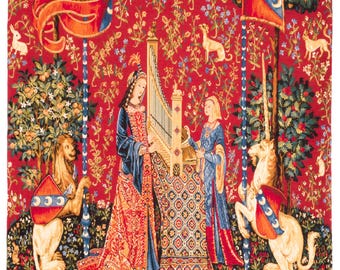 The Hearing Lady and Unicorn Tapestry - Belgian Gobelin Wall Hanging
