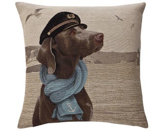 Sailor Weimaraner Tapestry Cushion Cover: Nautical Dog Decor