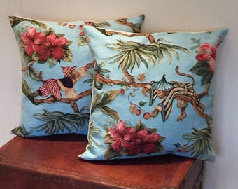 Set of 2 Monkey Pillow Covers - 18x18 Belgian Tapestry Pillow Covers - Picking Berries - PC-5483/5484