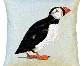 Puffin Pillow Cover - Puffin Throw Pillow -Bird Gift -  Decorative Pillow - 18x18 Belgian Tapestry Throw Pillow