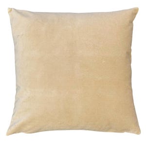 May include: A square throw pillow in a solid, light beige color. The fabric has a soft, slightly textured appearance with a subtle sheen, suggesting a velvet or suede-like finish. The pillow features clean, straight edges and a simple design.