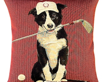 Border Collie Pillow Cover - Golf Gift - Tapestry Throw Pillow - Dog Art - 18x18 Decorative Pillow