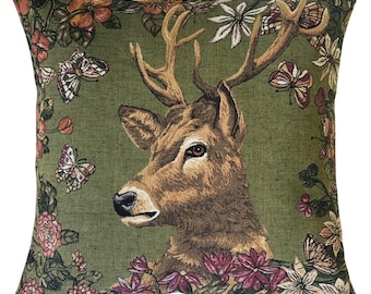 Stag Pillow Cover - Stag Lover Gift - Deer Throw Pillow - Jacquard Woven Pillow Cover - Belgian Tapestry