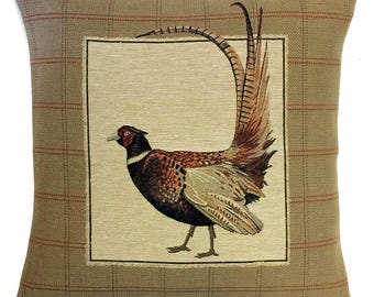 Belgian Gobelin Tapestry Cushion Cover: Jacquard Woven Pheasant Pillow, 18x18