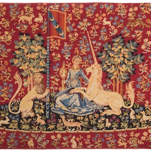 Unicorn and Lion Tapestry: Belgian Woven Millefleurs Wall Hanging