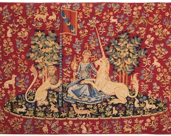 Unicorn and Lion Tapestry: Belgian Woven Millefleurs Wall Hanging