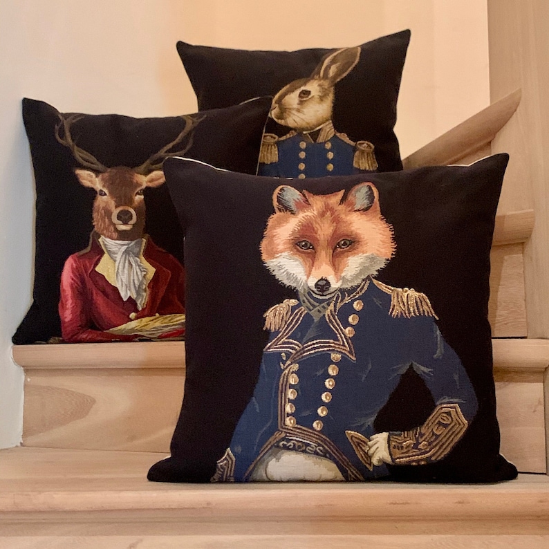 3 belgian tapestry gobelin throw pillow cushion covers fabfunky dressed stag fox and hare image 1