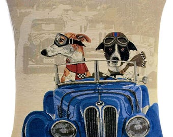 Whippet & Border Collie Pillow Cover: Dogs in Rally Car Tapestry
