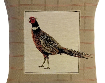 Pheasant Pillow Cover: Belgian Tapestry Cushion, Forest Decor (18x18)