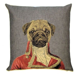 May include: Three square throw pillows with a gray textured background. Each pillow features a portrait of a dog dressed in a historical military uniform. The dogs depicted are a dark-coated dog, a pug, and a white terrier-type dog.