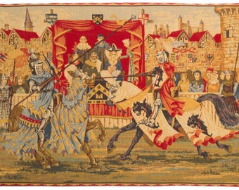 belgian gobelin wall tapestry hanging medieval jousting knights tournament jacquard woven