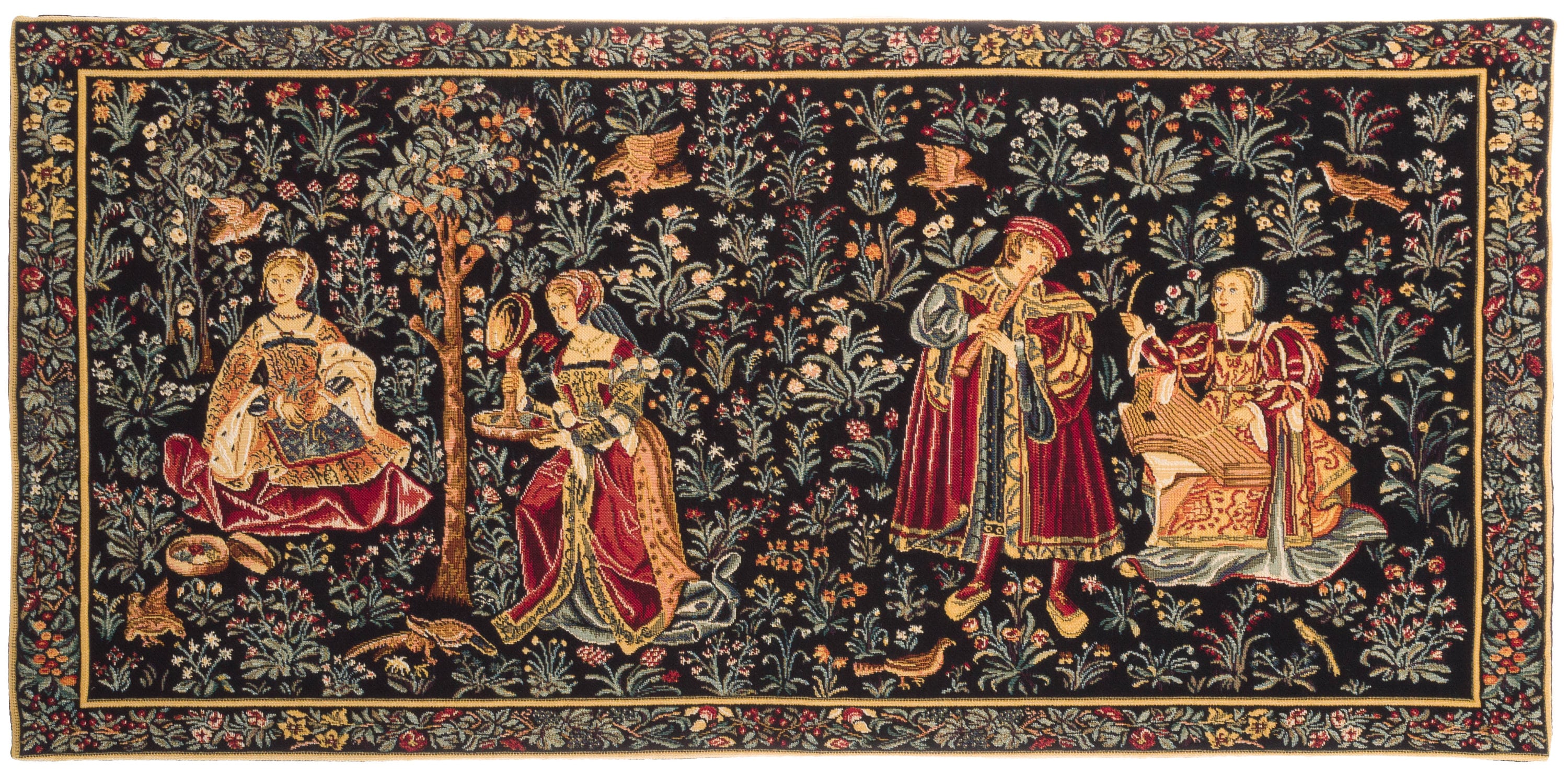 Medieval Tapestry Wall Hanging - Seignorial Scene - Millefleurs motif