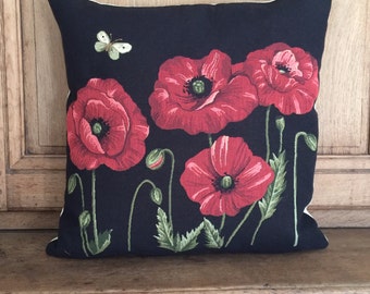 Red Poppy Decor - Poppy Pillow Cover - Black Throw Pillow - 18x18 Belgian Tapestry Cushion Cover - Flower Throw Pillow - PC-4865/BL