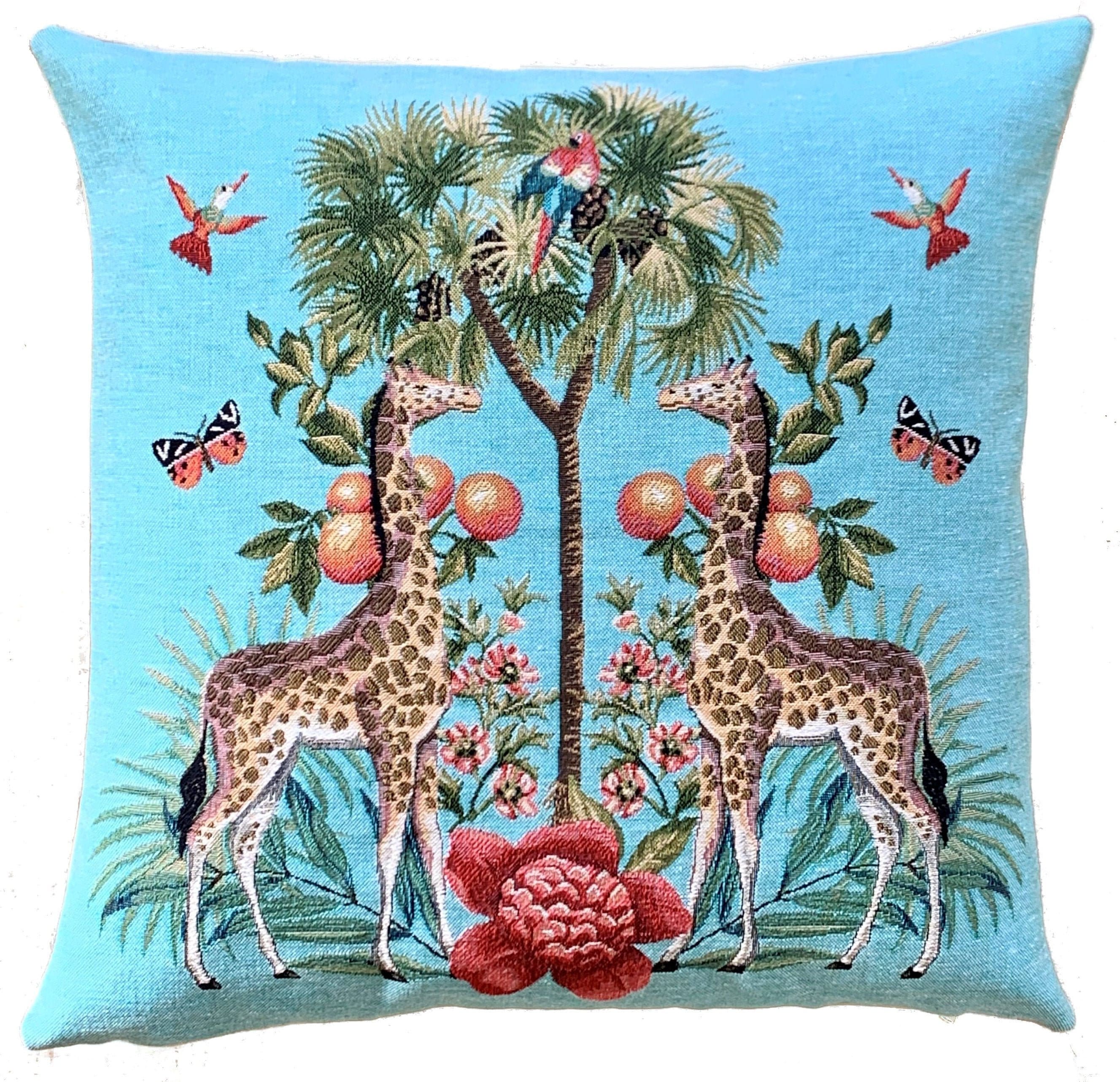 Giraffe Pillow Cover - Palmtree Throw Pillow - Tropical Decor - Blue Decorative  Pillow - 18x18 inch Tapestry Cushion Cover - Tropical Gift