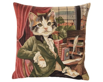 Victorian Dressed Cat Tapestry Pillow Cover - Belgian Cotton 18x18