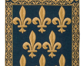 Belgian Fleur de Lys Tapestry: Blue Chenille Jacquard Wall Hanging (30"x21")