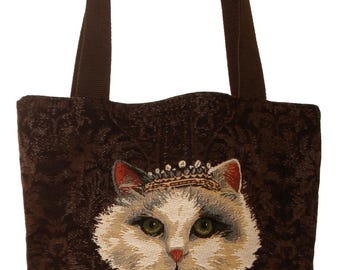 belgian gobelin tapestry tote bag cat with crown jacquard woven