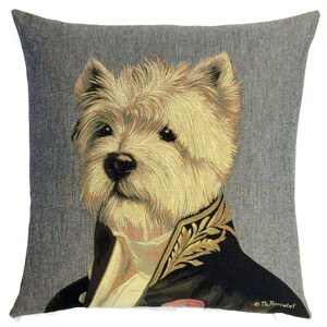 May include: A square throw pillow featuring a woven tapestry portrait of a West Highland White Terrier. The dog is depicted wearing a dark navy military-style jacket with gold leaf embroidery. The background is a solid grey, and the name Th. Poncelet is printed in the bottom right corner.