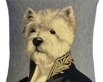 jacquard woven belgian tapestry cushion dressed up westy westland terrier by Thierry Poncelet