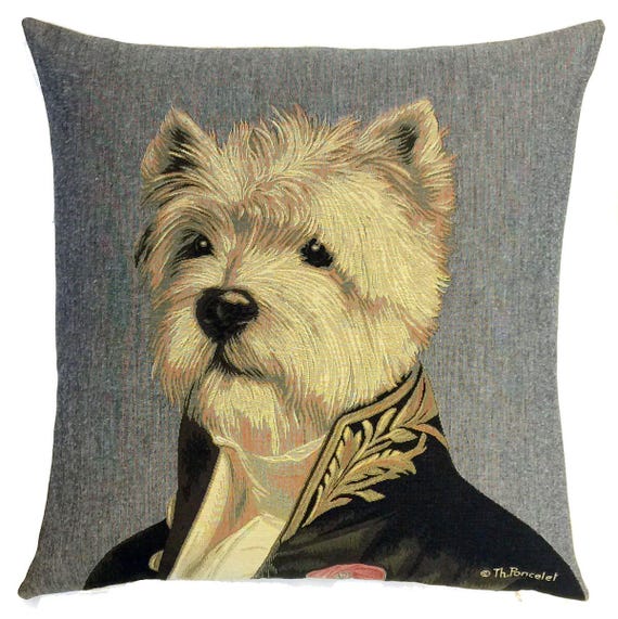 jacquard woven belgian tapestry cushion dressed up westy westland terrier by Thierry Poncelet