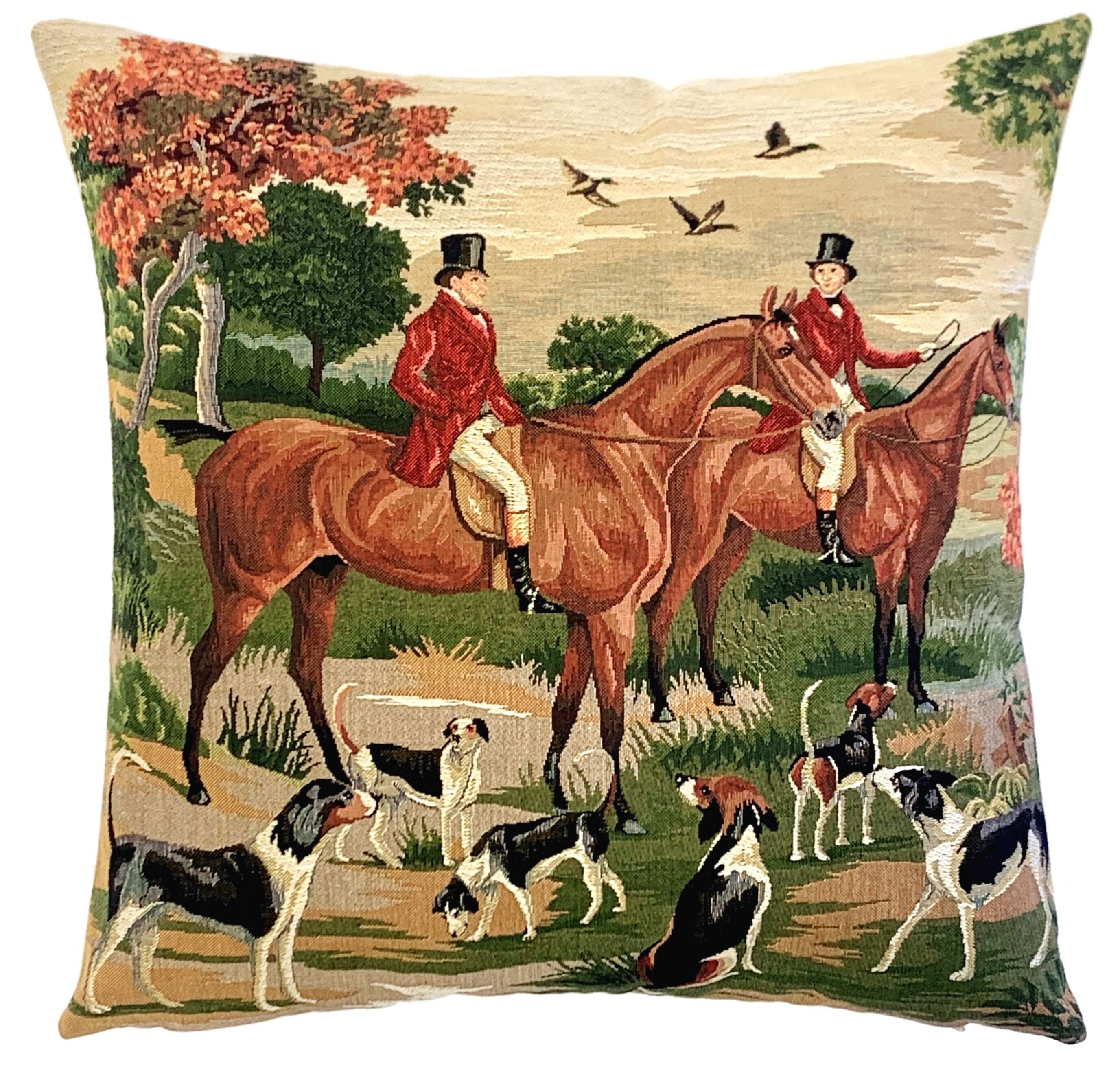 Foxhunt Pillow Cover English Decor Foxhunting Gift Classic Home Decor  Tapestry Cushion 18x18 Horses and Beagles 