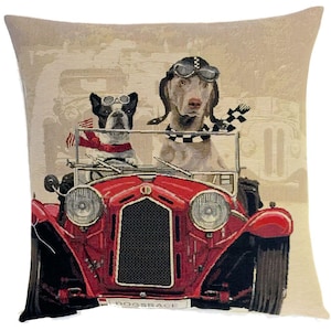 Tapestry Dog Pillow Cover: French Bulldog & Weimaraner in Oldtimer Car