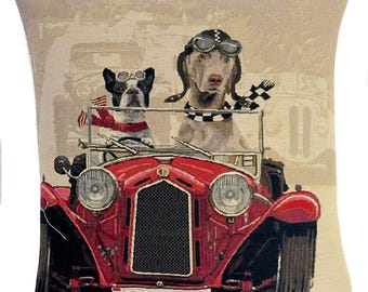 Tapestry Dog Pillow Cover: French Bulldog & Weimaraner in Oldtimer Car