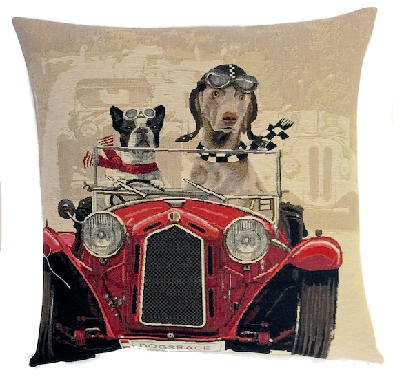 Tapestry Dog Pillow Cover: French Bulldog & Weimaraner in Oldtimer Car