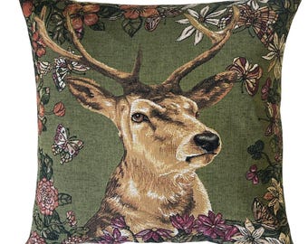 Stag Pillow Cover - Stag Lover Gift - Deer Throw Pillow - Jacquard Woven Pillow Cover - Belgian Tapestry
