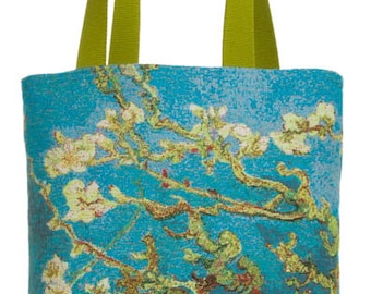 belgian gobelin tapestry tote bag Almond Branches by Vincent Van Gogh jacquard woven