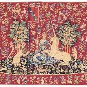 jacquard woven belgian gobelin wall tapestry The Sight Unicorn and lion on Millefleurs background and trees of life wall hanging wall decor