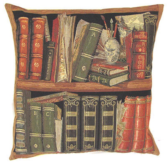 housse de coussin en tapisserie belge jeter oreiller livres anciens et ensemble crayons bibliothèque jacquard tissé