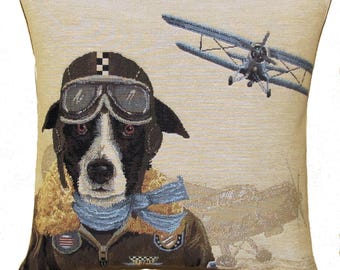 Border Collie Bomber Pilot Pillow Cover - 18x18 Belgian Tapestry Cushion Cover