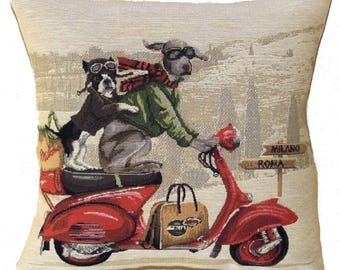 French Bulldog & Weimaraner Tapestry Pillow Cover: Vespa Scooter, Italian Design