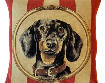 Woven Dachshund Pillow Cover: Belgian Tapestry Cushion (18x18)