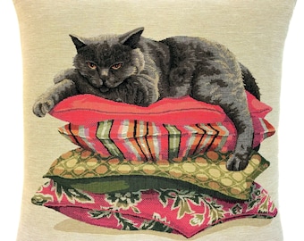 British Shorthair Cat Tapestry Pillow Cover: Belgian Cotton Cushion (18x18)