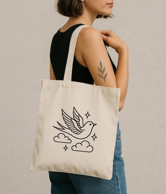Minimalist Scandinavian Style Bird Tote Bag Ink Illustration Yoga