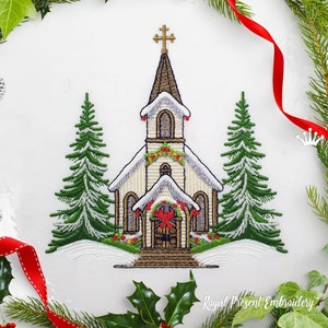 May include: Embroidered design of a white church with a brown roof and a gold cross on top. The church is surrounded by two green pine trees with snow on the ground. The church has a red door and a wreath on the front.
